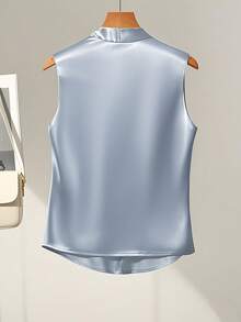 SHEIN Unity V-Neck Pleated Short Sleeve Solid Color Loose Casual Shirt - Blue - View 2