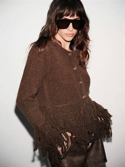 Lumivelle 女士休闲圆领金属扣流苏长袖开衫