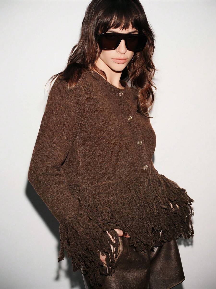 Lumivelle 女士休闲圆领金属扣流苏长袖开衫