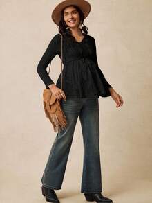Boho Mama Maternity Casual Solid Color Textured Drawstring Waist T-Shirt - Black - View 4