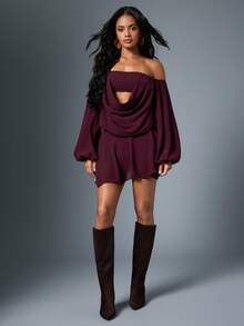 Hauture Đầm mini tay dài boho cổ xếp nếp nhún bèo gợi cảm cho nữ - Màu Đỏ Sâu - Xem 5