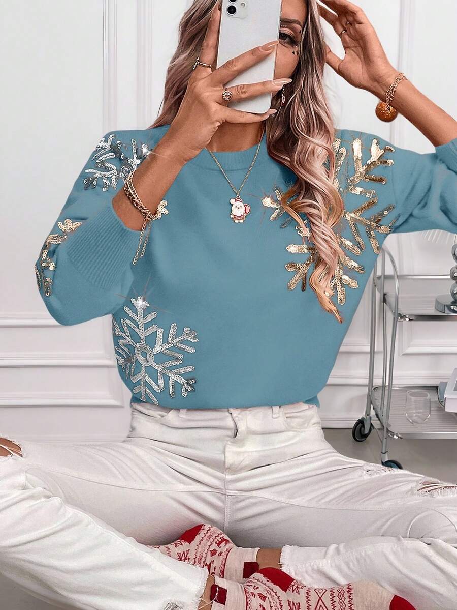 SHEIN LUNE Women's Valentine's Day Sequin Patchwork Crew Neck Long Sleeve Sweater - Dusty Blue - View 1