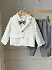 Completo da gentiluomo per bambino: camicia bianca, blazer bianco, pantaloni con vita elastica, adatto per feste di compleanno, eventi serali, performance, matrimoni, festa di nascità, Capodanno - Multicolore - Visualizzare 6