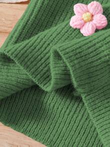 SHEIN Vintaside Kids 女童手工花朵针织连衣裙，圆领长款灯笼袖可爱优雅粉色连衣裙 - 綠色 - 查看 7