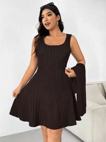 SHEIN EZwear Plus Size Women's Casual Everyday Commute Simple Solid Chocolate Brown Ribbed Cropped Hoodie And Cinched Waist Sleeveless Dress Set, Spring/Autumn/Winter
