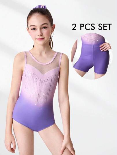 SHEIN Conjunto de 2 piezas de leotardo y shorts de gimnasia para niñas preadolescentes, con estampado lindo y decoración de rhinestones, adecuado para uso casual, deportivo y de competición