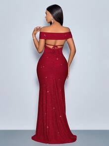 SOLERSUN Suitable For Christmas Party Vacation & Dating Elegant Burgundy Elegant Twisted Off Shoulder Backless Strap High Slit Mermaid Dress With Metallic Sheen For New Year Clothes Maxi Women Outfit - Red - View 2