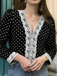 Pariaura 法式复古波点蕾丝衬衫 - 女士优雅V领长袖纽扣上衣，适合秋季穿着；甜美优雅波点蕾丝衬衫 - 女士浪漫V领长袖蕾丝边饰上衣，适合冬季办公室穿着；时尚波点蕾丝衬衫 - 女士精致V领长袖纽扣上衣，适合秋季穿着。 - 黑與白 - 查看 6