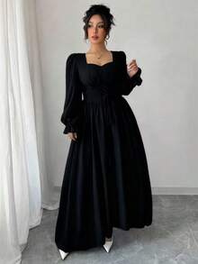 Modelyn French Design Square Neck Tie-Cinched Waist Women Dress - Black - View 4