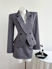 Elamini Women's Fashion Polka Dot Print Double-Breasted Blazer & Skirt Set - Grey - View 4