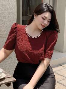 Dazy Plus Plus Size Women Floral Print Puff Sleeve Elegant Spring/Autumn T-Shirt, Suitable For Banquet - Burgundy - View 4
