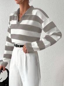 Sweater De Rayas De Manga Larga Con Cuello En V Para Mujeres