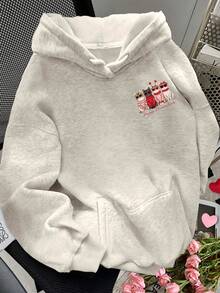 SHEIN 女士标语猫咪印花落肩长袖休闲卫衣，情人节 - 淺灰色 - 查看 2