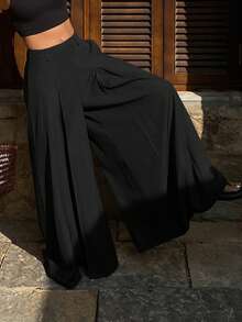 DAZY Pantalon ample décontracté à jambes larges plissées pour femmes, couleur unie, printemps/été