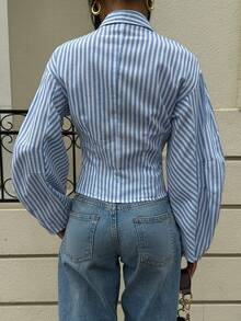 Siren Gaze 女士蓝白条纹宽松衬衫，秋冬款 - 藍白色 - 查看 2