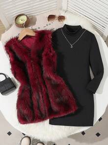 Bộ 2 áo khoác vest không tay mềm mại và váy dệt kim ôm sát họa tiết cho bé gái, thoải mái khi đi nghỉ - Đỏ - Xem 3