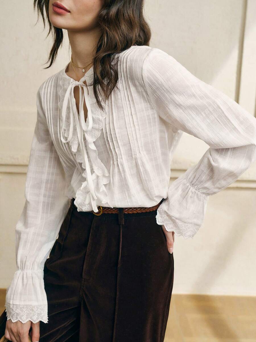 Cévolie 女士复古法式系带喇叭袖衬衫 - 白色 - 查看 1