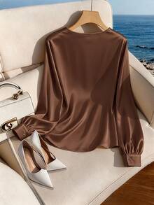 GlowEve CURVE Plus Size Women Satin Asymmetric Collar Shiny Blouse, Elegant For Party, Afternoon Tea, Commute, Apricot Long Sleeve Shirt - Brown - View 2