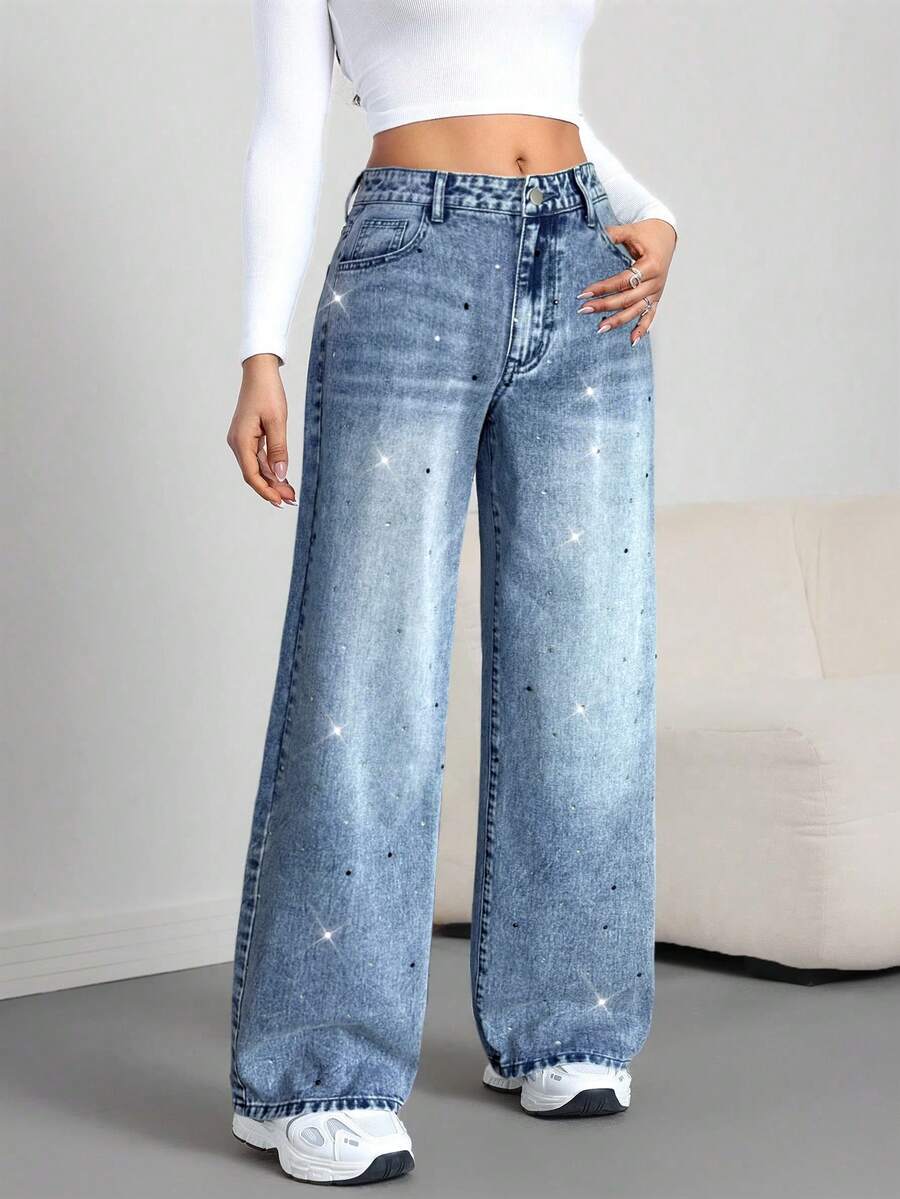 SHEIN Tall Women's Skinny Fit Straight Leg Jeans, Black With Rhinestone Embellishment, Tall Women - Light Wash - View 1