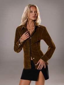 TRNVIE 女士长袖单排扣休闲牛仔夹克，后腰带扣设计 - 棕色 - 查看 4