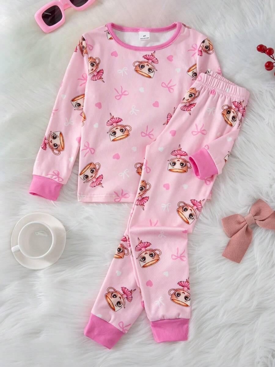 2pcs Young Girls Cute Cappuccino Ballerina Dancer Graphic Long Sleeve Snug Fit Pajama Set, Pink - Pink - View 1