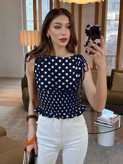 Pariaura Blusa elegante sin mangas con hombros con lazo y cintura fruncida con estampado de lunares