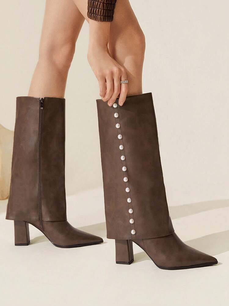 CUCCOO CHICEST Women's Elegant Pointed Toe Square Chunky Heel High Heels, Comfortable Faux Leather Knee-High Boots, Suitable For Commuting, Romantic, Fashion, Brown Color, Ideal For Afternoon Tea, Dates, Workplace, Elegant Outfits, Fashion Parties, All-Match Versatile, Christmas, Thanksgiving, New Year