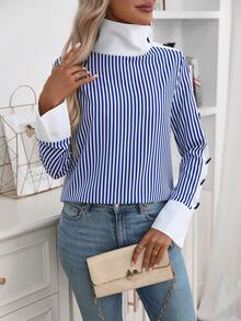 EMERY ROSE Women's Elegant High-End Design Contrast Color Block Collar Long Sleeve Casual Versatile Striped Shirt, Winter - Blue and White - View 3