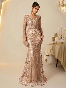 Coutiva Elegant Gorgeous Sequin Embroidery Long Sleeve Champagne Faux Pearl Rhinestone Design Autumn And Winter Dress Design Daily Wear, Party Dress, Dinner Dress, Wedding Guest Dress Luxury Evening Gown, Sequin And Pearl Cuff Design, Elegant Party Dress For Ladies, Long Sleeve Formal Dress, For Wedding Guest, Graduation, Valentine's Day - Champagne - View 5