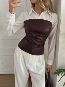 Blusa ajustada de manga larga con parches de piel sintética para mujer - Multicolor - Ver 8