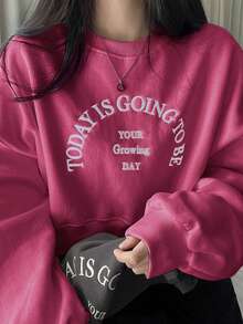 DAZY 女士宽松字母图案圆领落肩长袖休闲套头卫衣 - 粉色 - 查看 5