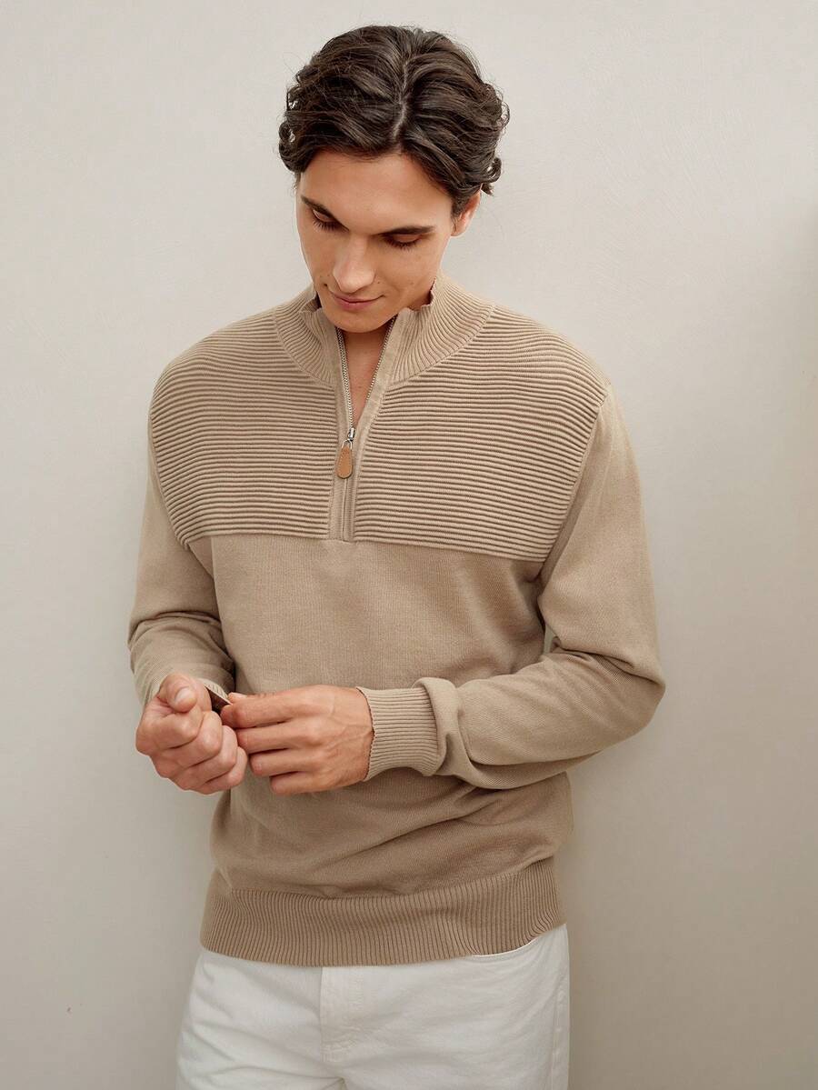 RONVEXI Suéter casual con media cartera y cremallera de manga larga para hombre, otoño/invierno - Caqui - Ver 1