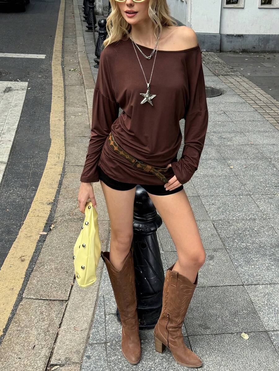 SHEIN EZwear Women's Coffee Brown Autumn Casual Everyday Blouse,Elegant Round Neck Batwing Long Sleeve Tie-Waist Regular Fit X-Shaped Fashion Urban Commute Tops - Brown - View 1