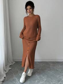 Elenzga 2pcs Women Casual Long Sleeve Top And Mini Skirt Co-Ord Set - Coffee Brown - View 3