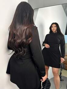 Firerie 大码优雅休闲度假时尚新款百搭简约立领褶皱弹力A字通勤办公职业女士长袖连衣裙，秋冬款 - 黑色 - 查看 7