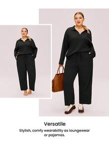 LUVLETTE Autumn And Winter Plus Size Women Soft Cotton Waffle Basic Long-Sleeve & Long Pants Loungewear 2 Piece Pajama Set With Pockets Lingerie Pants With Pockets Fall Pajamas - Black - View 10