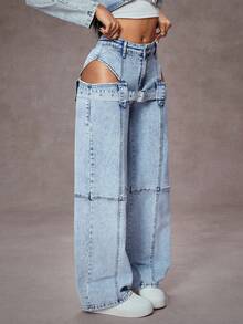 Jeanoix 女士镂空扣环阔腿宽松休闲牛仔裤