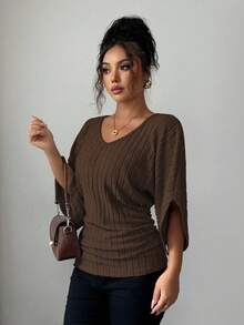 Selianne Women's Comfortable Casual V-Neck Ruffle Batwing Sleeve Solid Color Brushed Rib T-Shirt - Brown - View 6