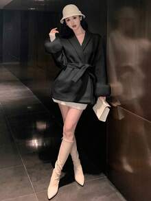 DAZY Women's Black Fuzzy Patchwork Drawstring Waist Jacket, Suitable For Autumn, Winter, New Year, Christmas, Valentine's Day Women Coats - Black - View 5