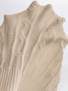 EMERY ROSE Pony Logo White Cable Knit Sweater, Embroidered Polo Collar Top, Fitted Sexy Dress - Apricot - View 7