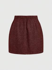 3 件套复古别致通勤棕色千鸟格羊毛西装套装：修身西装外套 + 低腰裙 + 围巾（含垫肩） - 紅色 - 查看 10