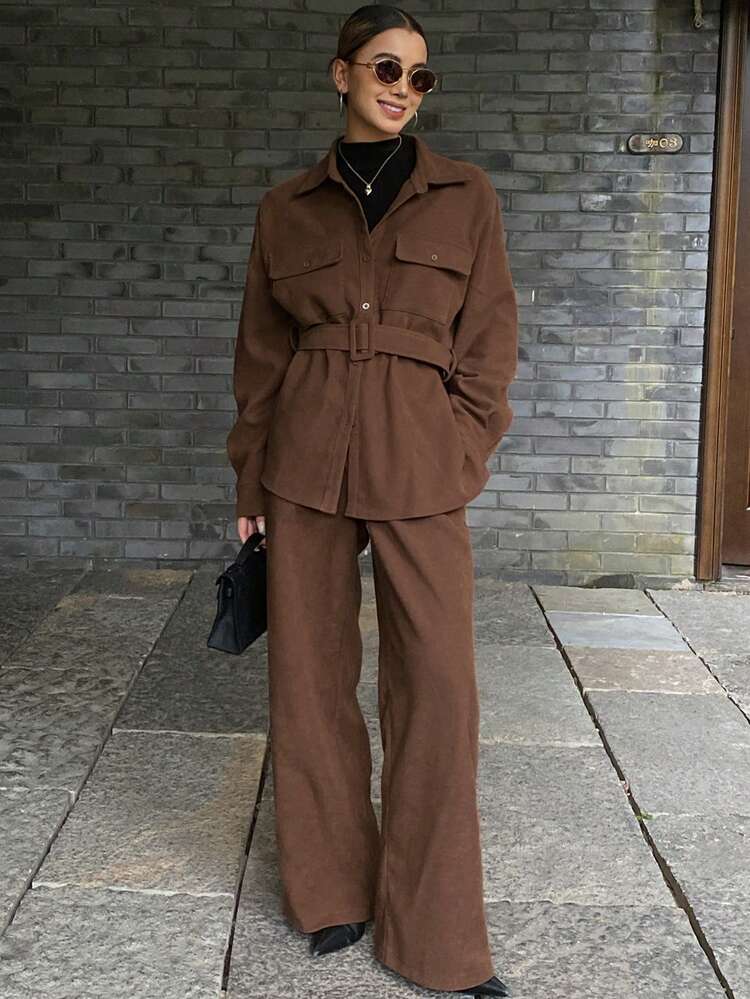 Women's Autumn/Winter Turndown Collar Cinched Waist Shirt And Wide Leg Pants Casual Minimalist Commuter Chic Outfit