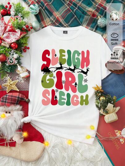 SHEIN LUNE Sleigh Girl Casual Loose Crew Neck Short Sleeve Women's T-Shirt With Reindeer Antler Pattern; Family Set Perfect For Christmas, New Year, Merry Christmas Celebrations, Reindeer, Christmas Tree, And Casual Wear. Graphic