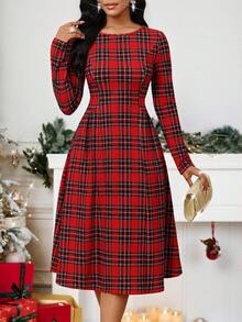 SHEIN Lady 女式格子圆领长袖优雅中长连衣裙 - 紅色 - 查看 1