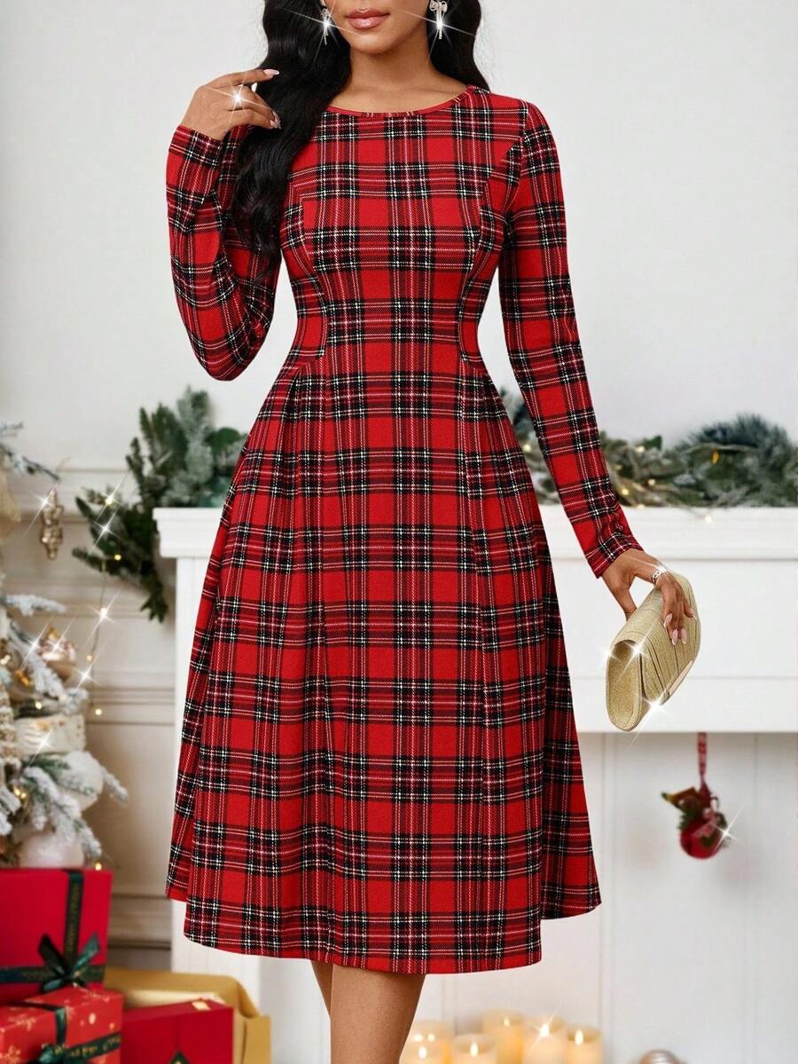 SHEIN Lady 女式格子圆领长袖优雅中长连衣裙 - 紅色 - 查看 1