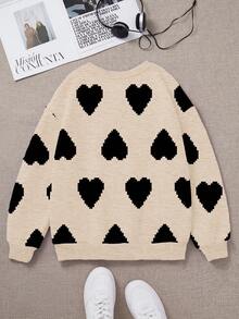 Young Girl Casual Minimalist Classic Digital Pixel Heart Print Loose Fit Crew Neck Comfortable Daily Knit Long Sleeve Sweatshirt, Suitable For Autumn/Winter - Multicolor - View 2