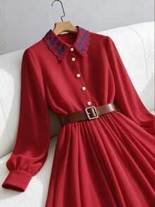 GlowEve Women's Embroidered Collar Cinched Waist A-Line Dress, Elegant & Sophisticated For Daily Commute, Business, Romantic Dates, Parties, Christmas, Autumn/Winter Long Sleeve - Red - View 6