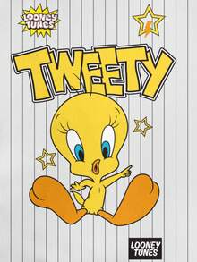 LOONEY TUNES X SHEIN Women's Slim Fit Striped & Cartoon Pattern Contrast Trim Short Sleeve T-Shirt - White - View 3