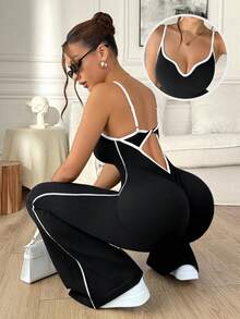 Gameset SHEIN Sport 1件装女士无缝蝴蝶领撞色条纹可调节肩带扭结露背瑜伽健身体操舞蹈连体紧身衣 - 黑與白 - 查看 3