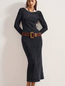 Bohemela Vestido midi ajustado de manga larga, de punto y unicolor, con espalda descubierta, para mujer - Negro - Ver 7